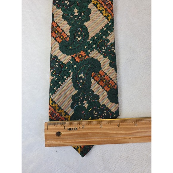 NEW! 1970s Mens Neckie VINTAGE Paisley Floral Green Orange Tapestry Oleg Cassini - Picture 10 of 12